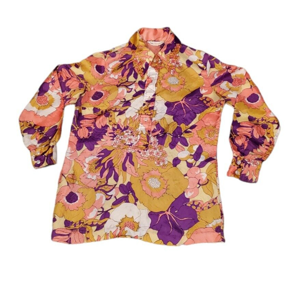 Vtg Lady Wrangler Blouse Button Front Retro 70s Floral Women Size 13/14 READ